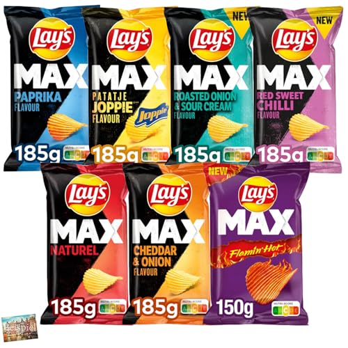 Set 7x Lays MAX Riffelchips 1,2 kg I geriffelte Lays Chips aus den Niederlanden I Paprika, Joppie, Sour Cream&Onion, Sweet Chilli, Naturel, Cheddar&Onion, Flamin' Hot I Holland-Box by Vriens von HOLLAND-BOX BY VRIENS