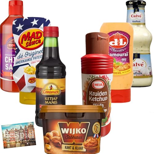 Set 7x verschiedene Grillsaucen aus Holland I Erdnuss-Soße, scharfe Mayo, Knoblauch, Pommes-Mayo, süße Sojasauce, süße Chilisauce, Gewürzketchup mit Erdnuss I Dippen & Einlegen I Holland-Box by Vriens von HOLLAND-BOX BY VRIENS