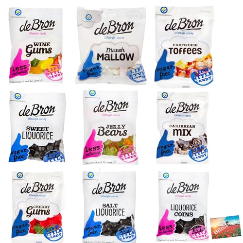 Set 9x De Bron Gummibären, Lakritz und Mashmallows Zuckerfrei 75g-100g Tüten I zuckerfreie Gummibärchen I sugarfree I Bonbons ohne Zucker I Süßigkeiten aus den Niederlanden I Holland-Box by Vriens von HOLLAND-BOX BY VRIENS