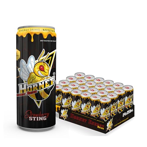 HORNET® Energy Drink (24x250ml. incl.6€ Pfand) Fokus & Energie ganz Ohne HERZRASEN! Zuckerfrei wenig Koffein/Taurin Basierend auf Ginseng, Guarana, Aminosäuren und Antioxidant "NAC",(Strawberry Sting) von HORNET