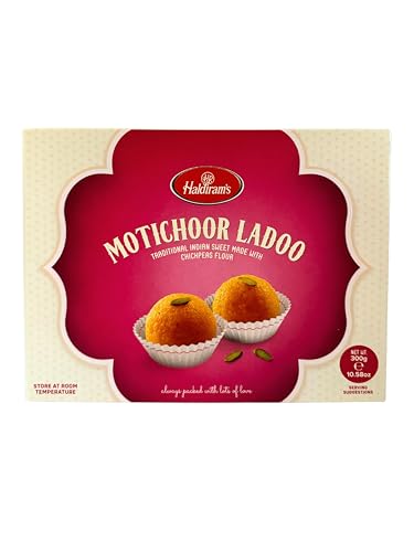 Haldiram's Motichoor Ladoo 300 g beliebte indische Süßigkeiten zu jedem Anlass, reichhaltiger Geschmack, Dessert, süße Geschenke, Festivals, Feiern (Moti Choor Laddo (300g)) von Saras Flavours of Asia