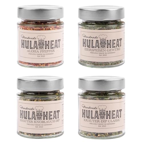 HULAHEAT 4er Gewürze-Mix im Set Aloha Pfeffer 60g, Eierspeisen-Gewürz 35g, Kräuter-Knoblauch Dip 40g, Kräuter-Dip CLASSIC 30g, ohne Konservierungsstoffe, vegan, Made in Germany von HULAHEAT