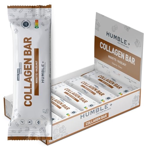 Kollagen-Proteinriegel (5 g) und Proteinriegel (11 g) – Haselnussgeschmack – Packung mit 12 Riegeln x 46 g – reich an Ballaststoffen, ohne Zuckerzusatz, glutenfrei, frei von Palmöl – Humble+ von HUMBLE+