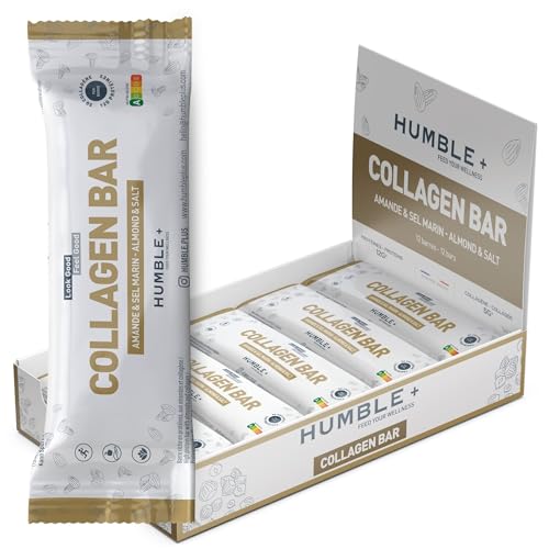 Kollagen-Proteinriegel (5 g) und Proteinriegel (11 g) – Mandelgeschmack – Packung mit 12 Riegeln x 46 g – reich an Ballaststoffen, ohne Zuckerzusatz, glutenfrei, frei von Palmöl – Humble+ von HUMBLE+