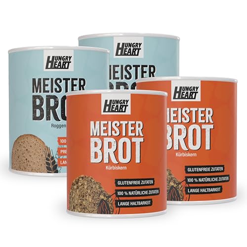 Frisches Kürbiskernbrot 2 x 480gr & Firsches Roggenbrot 2 x 300gr | Glutenfreies Brot mit 100% Natürlichen Zutaten | 5 Jahre haltbar | Snack Dosenbrot von HUNGRY HEART