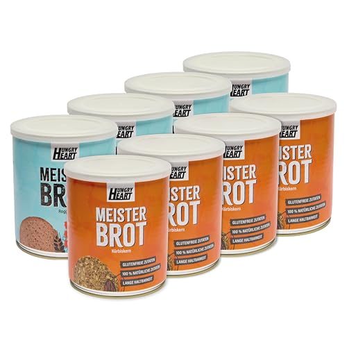 Frisches Kürbiskernbrot 4 x 480gr & Firsches Roggenbrot 4 x 300gr | Glutenfreies Brot mit 100% Natürlichen Zutaten | 5 Jahre haltbar | Snack Dosenbrot von HUNGRY HEART