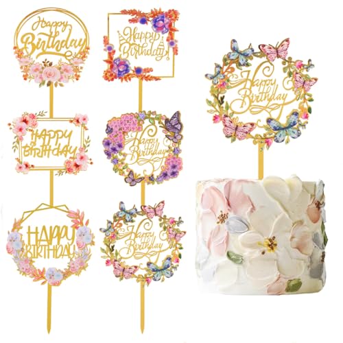 6 Stück Happy Birthday Cake Toppers Gold Schmetterling Acryl Cupcake Topper für verschiedene Geburtstagsparty Jahrestag Kuchen Gebäck Dekorationen von HWOLPEMS