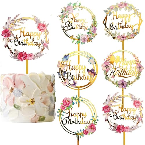 6 Stück Happy Birthday Tortenaufsätze Blume Acryl Geburtstag Cupcake Topper Kuchen Pick für Geburtstagsparty Kuchen Desserts Gebäck Dekorationen, 6 Stile von HWOLPEMS