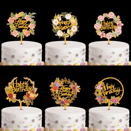 6 Stück Happy Birthday Tortenaufsätze Blume Acryl Geburtstag Cupcake Topper Kuchen Pick für Geburtstagsparty Kuchen Desserts Gebäck Dekorationen von HWOLPEMS