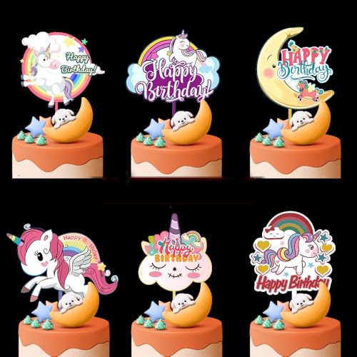 6 Stück Happy Birthday Tortenaufsätze Cartoon Einhorn Acryl Kuchen Topper Rose Kuchen Topper für verschiedene Geburtstagsparty Jahrestag Kuchen Gebäck Dekorationen von HWOLPEMS