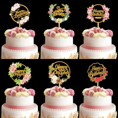 6 Stück Happy Birthday Tortenaufsätze Gold Blume Acryl Kuchen Topper Rose Kuchen Topper für verschiedene Geburtstagsparty Jahrestag Kuchen Gebäck Dekorationen von HWOLPEMS