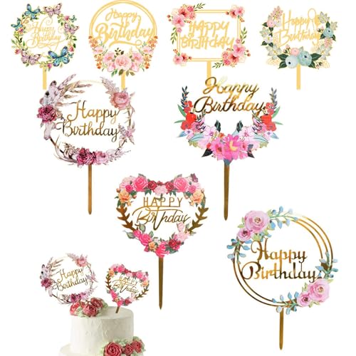 8 Stück Happy Birthday Tortenaufsätze Floral Gold Sticks Acryl Happy Birthday Kuchen Schild Banner Pick Birthday Kuchen Dekorationen für Kuchen Party Jahrestag Geburtstag 8 Stile von HWOLPEMS