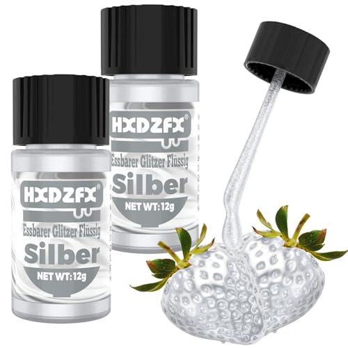 Essbarer Glitzer Flüssig - 2×12g Sparkle Edible Glitter für Tortendeko Essbar, Metallisch FlüSsig Glitzerpulver für Backen, Fondant, Buttercreme, Süßigkeiten, Schokolade (Silber) von HXDZFX