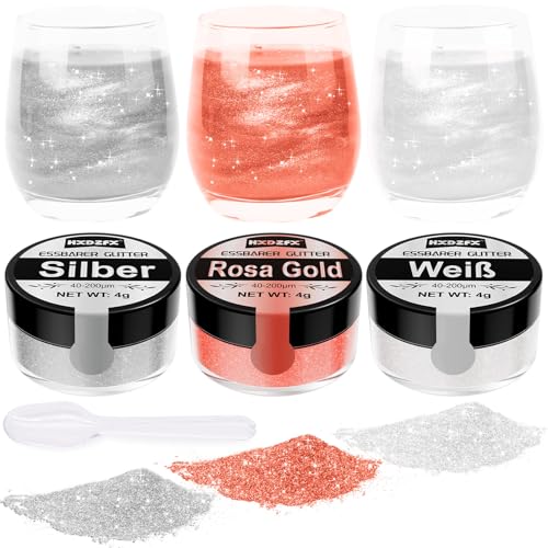 Essbarer Glitzer für Getränke - Lebensmittelfarbe Pulver, Schimmerndes Glitzerpulver, Lebensmittel Glitzerpuder für Schokolade, Kuchen, Fondant, Drinks - 8g (Silber Weiß Rose Gold) von HXDZFX