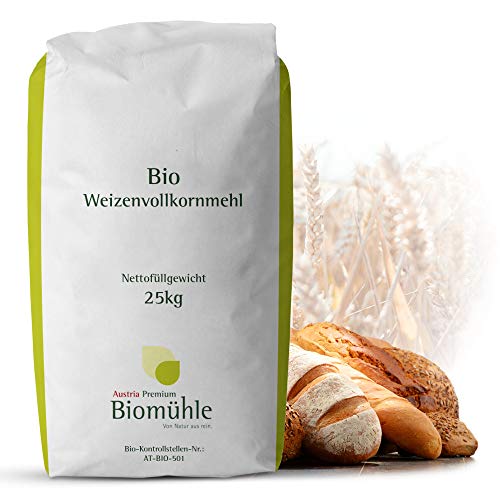 Bio Weizen-Vollkorn-Mehl 25kg | Hochwertiges Mehl - gentechnikfrei und pestizid-kontrolliert | Ideal zum Backen von Brot und Brötchen von Haberfellner