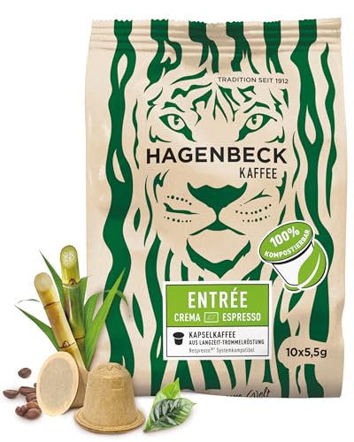 HAGENBECK ENTRÉE Crema Espresso 10 Stück | Biologisch abbaubare Kaffeekapseln | kompatibel mit Nespresso®*-Maschinen | Nachhaltig & Aluminiumfrei | 100% kompostierbare Bio-Bagasse-Kapseln von Hagenbeck Kaffee