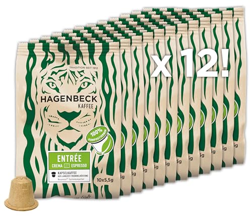 HAGENBECK ENTRÉE Crema Espresso 120 Stück | Biologisch abbaubare Kaffeekapseln | kompatibel mit Nespresso®*-Maschinen | Nachhaltig & Aluminiumfrei | 100% kompostierbare Bio-Bagasse-Kapseln von Hagenbeck Kaffee