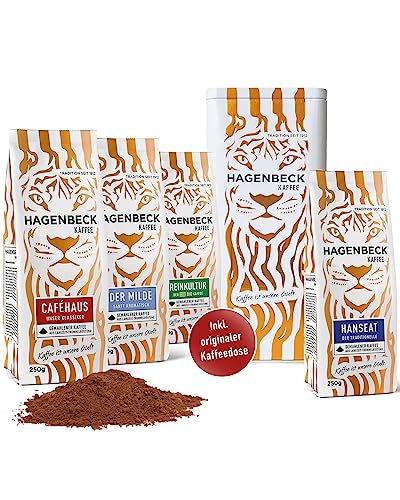 Hagenbeck Kaffee Geschenk-Set | Aromatischer Filter-Kaffee gemahlen | Je 250g Cafehaus, Hanseat, Der Milde & Bio-Reinkultur mit Tigerbox | Kaffeespezialitäten Probier-Set als Geschenkidee von Hagenbeck Kaffee