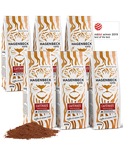 Hagenbeck Caféhaus 6x500g (3kg) | Gemahlener Kaffee | Klassisch-vollkommenes Aroma | Mittelstarker Röstkaffee aus 100% Arabica-Mischung | Schonende Röstung | Kaffeebohnen gemahlen von Hagenbeck Kaffee