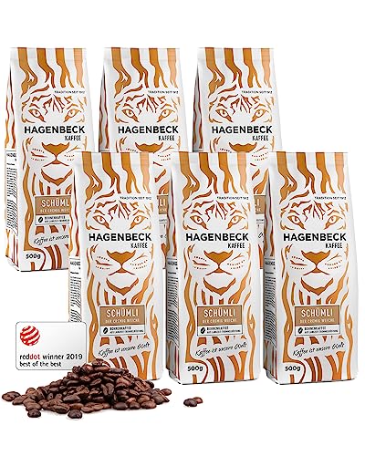 Hagenbeck Schümli Kaffee 6x500g (3kg) | Ganze Kaffeebohnen aus traditioneller Röstung | Satt-vollendeter Geschmack mit feiner Crema | Bohnenkaffee stark & kräftig | Ideal für Kaffee-Vollautomaten von Hagenbeck Kaffee