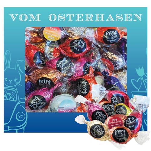 Hallingers Vom Osterhasen XL - Ostergeschenke für Osterkörbchen zu Ostern, Pralinen Ostereier handmade teils mit Alkohol (Box) - Geschenkideen Weihnachten & Geschenke Weihnachten | Glückwunsch Glückwü von Hallingers Genuss Manufaktur