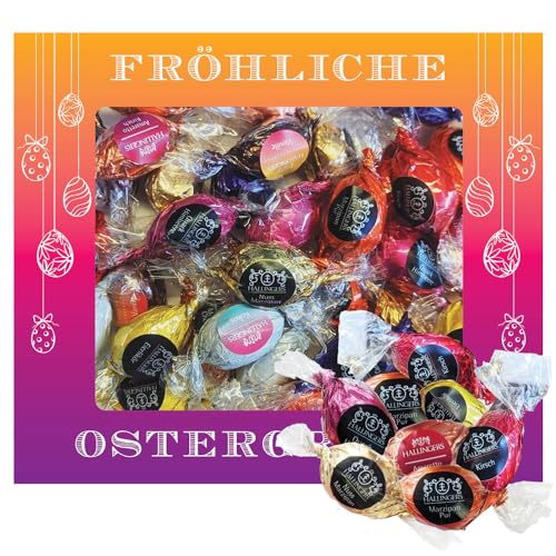 Hallingers Fröhliche Ostergrüße XXL - Ostergeschenke für Osterkörbchen zu Ostern, Pralinen Ostereier handmade teils mit Alkohol (Box) - Ostergeschenke Osterkörbchen Ostereier & als Osterdeko | Glückwu von Hallingers Genuss Manufaktur