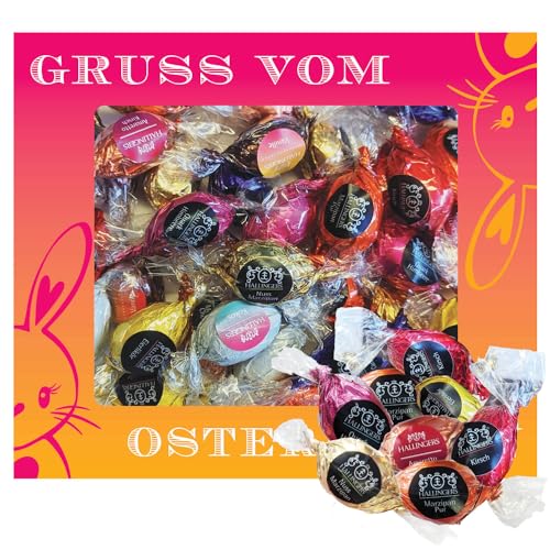 Hallingers Gruß vom Osterhasen XXL - Ostergeschenke für Osterkörbchen zu Ostern, Pralinen Ostereier handmade teils mit Alkohol (Box) - Ostergeschenke Osterkörbchen Ostereier & als Osterdeko | Glückwun von Hallingers Genuss Manufaktur