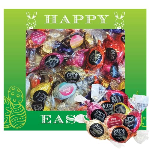 Hallingers Happy Easter XXL - Ostergeschenke für Osterkörbchen zu Ostern, Pralinen Ostereier handmade teils mit Alkohol (Box) - Ostergeschenke Osterkörbchen Ostereier & als Osterdeko | Glückwunsch Glü von Hallingers Genuss Manufaktur