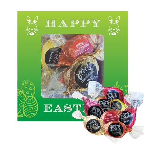 Hallingers Happy Easter - Ostergeschenke für Osterkörbchen zu Ostern, Pralinen Ostereier handmade teils mit Alkohol (Box) - Ostergeschenke Osterkörbchen Ostereier & als Osterdeko | Glückwunsch Glückwü von Hallingers Genuss Manufaktur