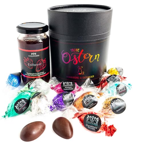 Hallingers Frohe Ostern - black - Ostergeschenke als Osterkörbchen zu Ostern, 17 Pralinen Ostereier & Erdbeerkonfitüre (Set) - Geschenkideen Weihnachten & Geschenke Weihnachten | Glückwunsch Freundsch von Hallingers Genuss Manufaktur