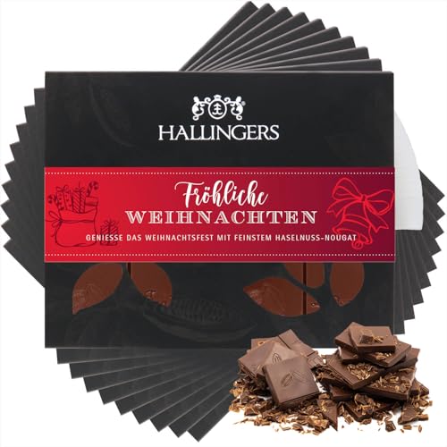 Hallingers 10x Fröhliche Weihnachten - Vollmilch Edel-Schokolade mit Haselnuss-Nougat - handmade, alkoholfrei (Box) - Geschenkideen Weihnachten & Geschenke Weihnachten | Glückwunsch Danke Freundschaft von Hallingers Genuss Manufaktur