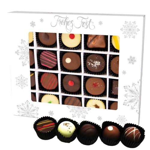 Hallingers Frohes Fest Weiß XL - Manufaktur Pralinen Weihnachten Geschenk handmade teils mit Alkohol aus Edelkakao Schokolade (Box) - Adventskalender Neuheiten & Adventskalender befüllen | Glückwunsch von Hallingers Genuss Manufaktur