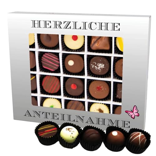 Hallingers Herzliche Anteilnahme XL - Manufaktur Pralinen Geschenk handmade teils mit Alkohol aus Edelkakao Schokolade (Box) - Adventskalender Neuheiten & Adventskalender befüllen | Geburtstag Glückwu von Hallingers Genuss Manufaktur