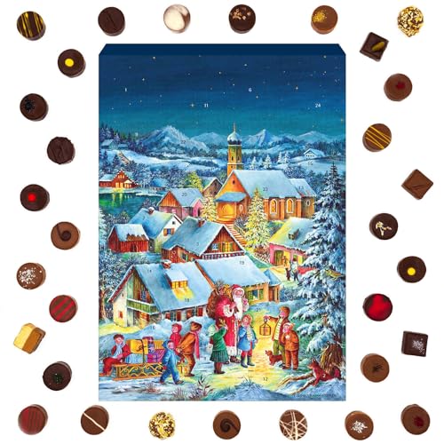 Hallingers Bergdorf - Adventskalender Pralinen Geschenk handmade teils mit Alkohol aus Edelkakao Schokolade (Box) - Geschenkideen Weihnachten & Geschenke Weihnachten | Glückwunsch Chanukka Freundschaf von Hallingers Genuss Manufaktur