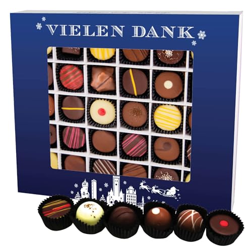 Hallingers Vielen Dank Blau XXL - Manufaktur Pralinen Weihnachten Geschenk handmade teils mit Alkohol aus Edelkakao Schokolade (Box) - Adventskalender Neuheiten & Adventskalender befüllen | Danke Gene von Hallingers Genuss Manufaktur