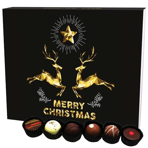 Hallingers Merry Christmas Goldene Elche XXL - Manufaktur Pralinen Weihnachten Geschenk handmade ohne Alkohol aus Edelkakao Schokolade (Box) - Adventskalender Neuheiten & Adventskalender befüllen | Gl von Hallingers Genuss Manufaktur