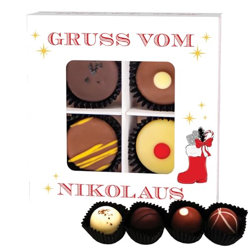 Hallingers Gruß vom Nikolaus - Manufaktur Pralinen Weihnachten Geschenk handmade teils mit Alkohol aus Edelkakao Schokolade (Box) - Adventskalender Neuheiten & Adventskalender befüllen | Glückwunsch D von Hallingers Genuss Manufaktur