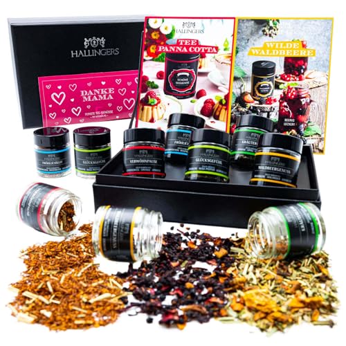 Hallingers Danke Mama - Muttertagsgeschenk 5 Sorten Tee Geschenkset mit Box vegan zum Muttertag für Mama Mutter Oma (Set) - Adventskalender Neuheiten & Adventskalender befüllen | Genesung Jahrestag Da von Hallingers Genuss Manufaktur