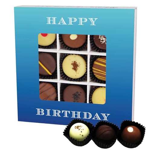 Hallingers Happy Birthday L - Manufaktur Pralinen Geschenk handmade teils mit Alkohol aus Edelkakao Schokolade (Box) - Ostergeschenke Osterkörbchen Ostereier & als Osterdeko | Geburtstag Glückwunsch D von Hallingers Genuss Manufaktur