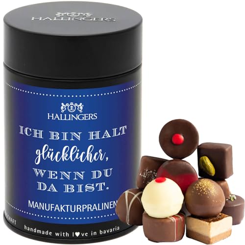 Hallingers Blue Ich bin halt glücklicher wenn Du da bist - Valentinstag Manufaktur Pralinen Geschenk handmade ohne Alkohol aus Edelkakao Schokolade (Dose) - Geschenkideen Weihnachten & Geschenke Weihn von Hallingers Genuss Manufaktur