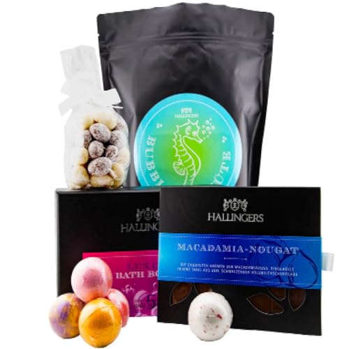 Hallingers Bubble Tüte XXL - Wellness Wundertüte XXL Geschenkset Badebomben Set, Tafel Schokolade & Nougat Mandeln (Set) - Ostergeschenke Osterkörbchen Ostereier & als Osterdeko | Geburtstag Glückwuns von Hallingers Genuss Manufaktur