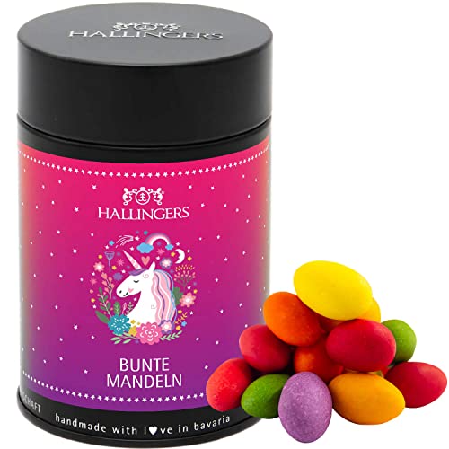 Hallingers Einhorn - Bunte Gourmet-Mandeln, geröstet, schokoliert und bunt dragiert (Dose) - Valentinstag als Geschenk für ihn & Geschenk für sie | Geburtstag Glückwunsch Danke Neues Zuhause Genesung von Hallingers Genuss Manufaktur