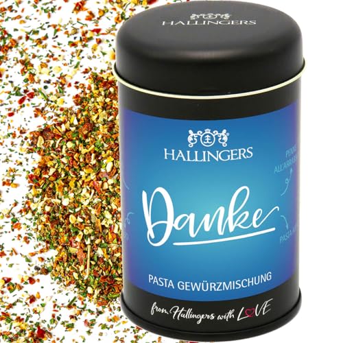 Hallingers Danke - Geschenk zum Danke sagen, Gewürz-Mischung für Pasta, Brotaufstriche & Soßen als Dankeschön (Dose) - Adventskalender Neuheiten & Adventskalender befüllen | Geburtstag Glückwunsch Neu von Hallingers Genuss Manufaktur