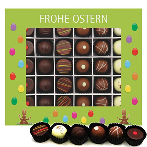 Hallingers Frohe Ostern grün XXL - Ostergeschenke für Osterkörbchen zu Ostern, Pralinen handmade teils mit Alkohol (Box) - Ostergeschenke Osterkörbchen Ostereier & als Osterdeko | Glückwunsch Glückwün von Hallingers Genuss Manufaktur