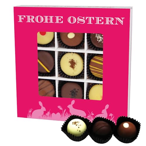 Hallingers Frohe Ostern pink L - Ostergeschenke für Osterkörbchen zu Ostern, Pralinen handmade teils mit Alkohol (Box) - Ostergeschenke Osterkörbchen Ostereier & als Osterdeko | Glückwunsch Glückwünsc von Hallingers Genuss Manufaktur