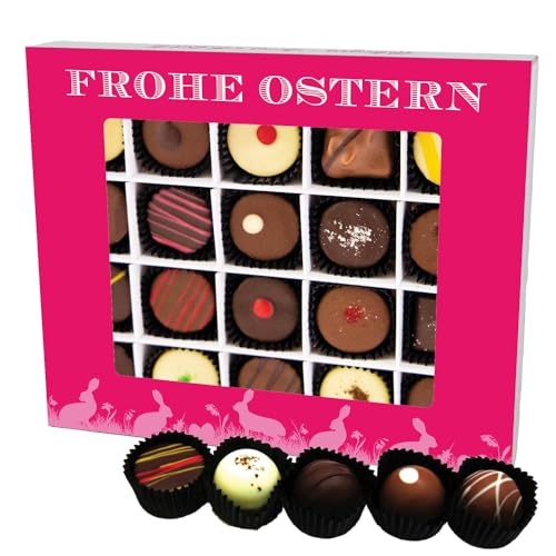 Hallingers Frohe Ostern pink XL - Ostergeschenke für Osterkörbchen zu Ostern, Pralinen handmade teils mit Alkohol (Box) - Geschenkideen Weihnachten & Geschenke Weihnachten | Glückwunsch Glückwünsche F von Hallingers Genuss Manufaktur