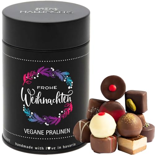 Hallingers Frohe Weihnachten - Vegane Manufaktur Pralinen Geschenk handmade teils mit Alkohol aus veganer Schokolade (Dose) - Geschenkideen Weihnachten & Geschenke Weihnachten | Glückwunsch Danke Freu von Hallingers Genuss Manufaktur