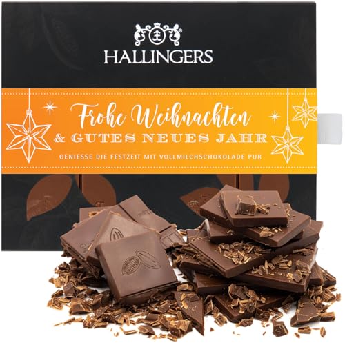 Hallingers Frohe Weihnachten und ein gutes Neues Jahr - Vollmilch Edel-Schokolade zartschmelzend ganz pur - Silvester Geschenk handmade, alkoholfrei Neujahr (Box) - Valentinstag als Geschenk für ihn & von Hallingers Genuss Manufaktur