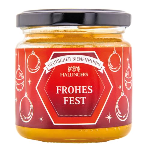 Hallingers Frohes Fest Weihnachten - Zu Weihnachten Deutscher Bienenhonig direkt vom Imker, fix & fertig als Geschenk (Glas) - Valentinstag als Geschenk für ihn & Geschenk für sie | Genesung Silvester von Hallingers Genuss Manufaktur