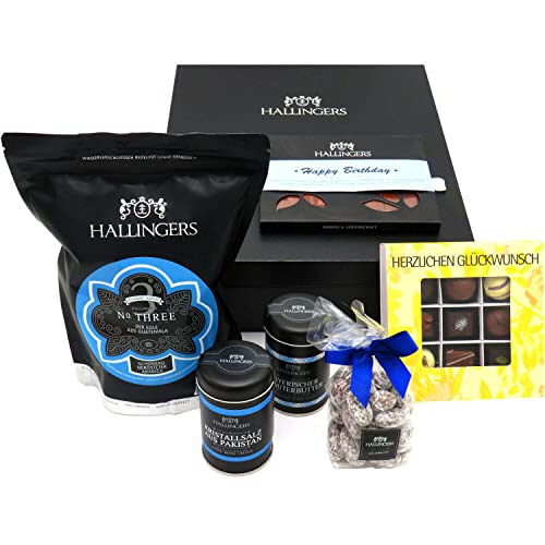 Hallingers Happy Birthday Blue - Gourmet Geschenk-Set in edler Box als Geschenkkorb zum Geburtstag (Set) - Geschenkideen Weihnachten & Geschenke Weihnachten | Geburtstag Glückwunsch Danke Jahrestag Gl von Hallingers Genuss Manufaktur